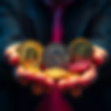 A person holding coins representing Bitcoin, Ethereum, and Solana, considering which to keep for the next decade