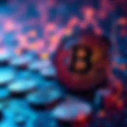 A visual representation of cryptocurrency with digital coins and blockchain technology in the background.