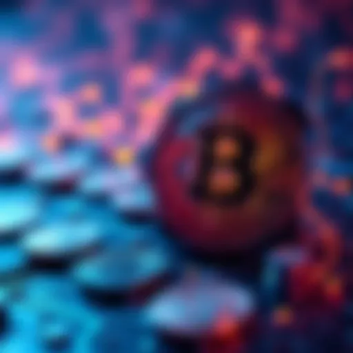 Cryptocurrency Concept A visual representation of cryptocurrency with digital coins and blockchain technology in the background.