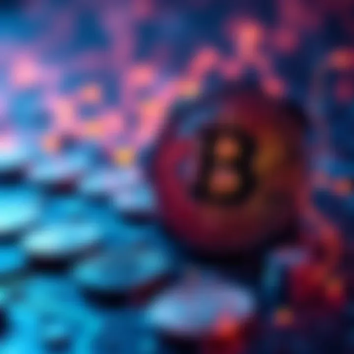 Cryptocurrency Concept A visual representation of cryptocurrency with digital coins and blockchain technology in the background.