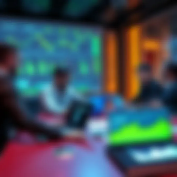 A group of people discussing cryptocurrency strategies at a table with laptops and charts, focusing on safe trading practices.