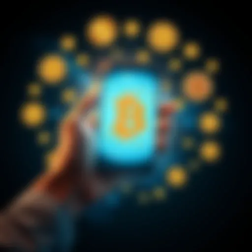 A person holding a smartphone with cryptocurrency symbols around them, symbolizing financial independence and innovation.