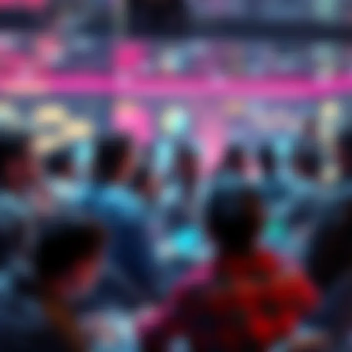 A group of people engaging in lively discussions about cryptocurrency trends at a virtual forum.