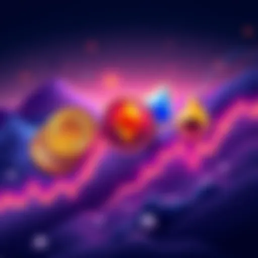 An illustration showing popular cryptocurrencies like Bitcoin, Ethereum, and Cardano with a graph depicting their value fluctuations over time.