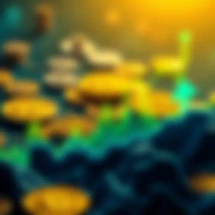 Graph showing rising cryptocurrency values with coins in the background