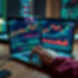 A person analyzing cryptocurrency trends on a laptop with charts and graphs showing fluctuations in market data, representing the influence of fear and uncertainty.