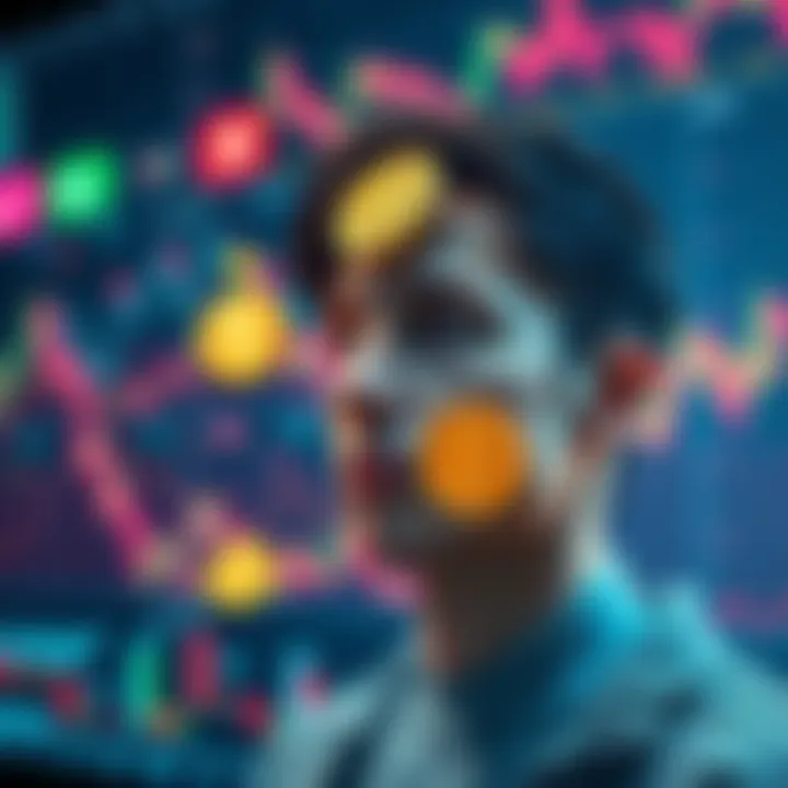 A person looking at stock charts with cryptocurrency symbols floating around them, showing the connection between finance and mental effects.