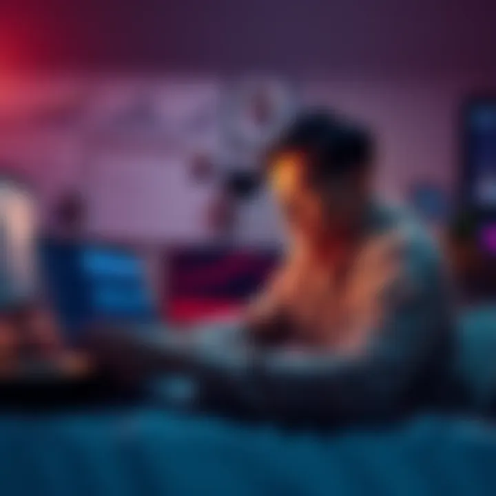A person reflecting on financial decisions with a laptop showing cryptocurrency data, surrounded by charts and family photos.