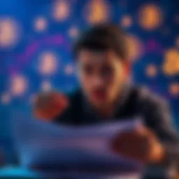 A person looking puzzled while reviewing tax documents with crypto symbols in the background