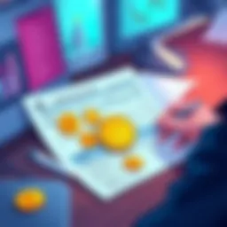 Illustration of a person reviewing tax forms with Bitcoin icons and IRS paperwork on a desk