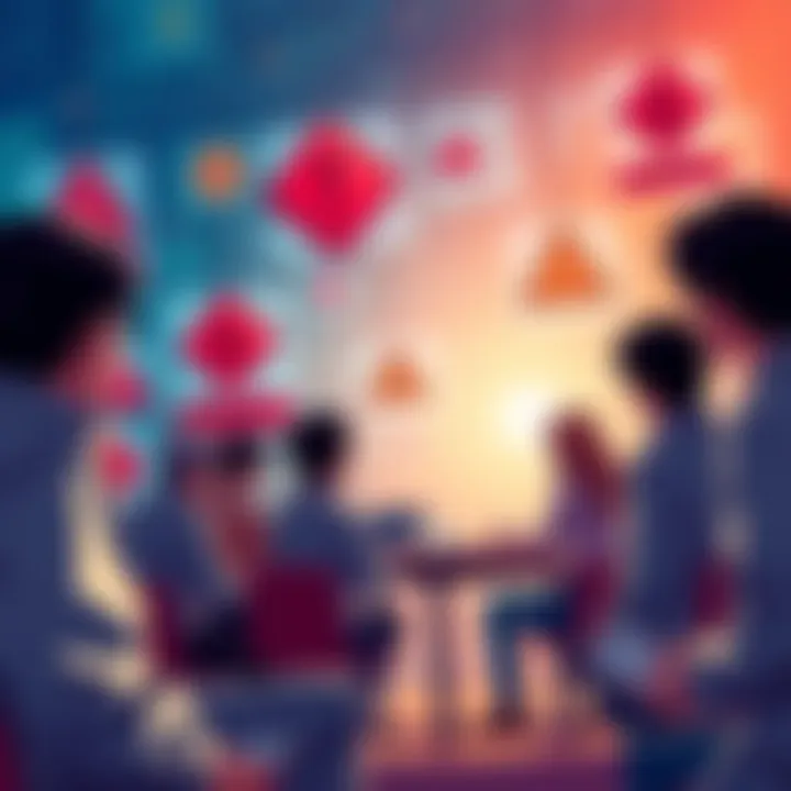 A digital illustration shows a group of people discussing cryptocurrency trading, with warning signs and symbols representing scams in the background.