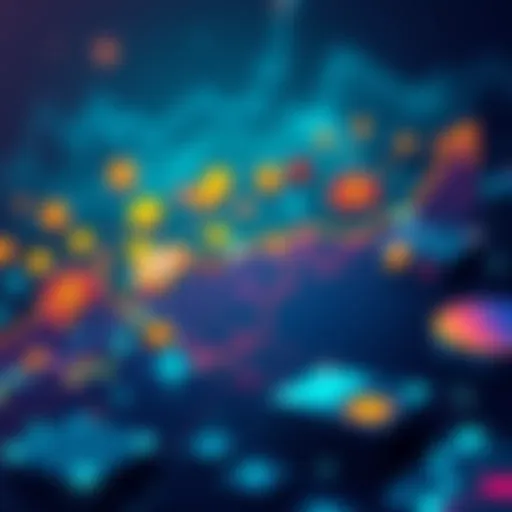 An illustration showing various cryptocurrency symbols and charts indicating growth and predictions for the future.