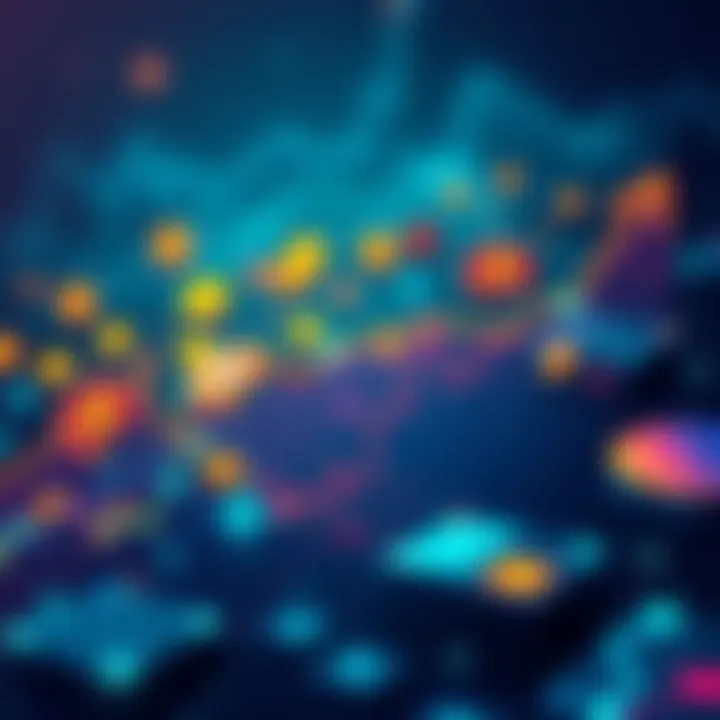 An illustration showing various cryptocurrency symbols and charts indicating growth and predictions for the future.
