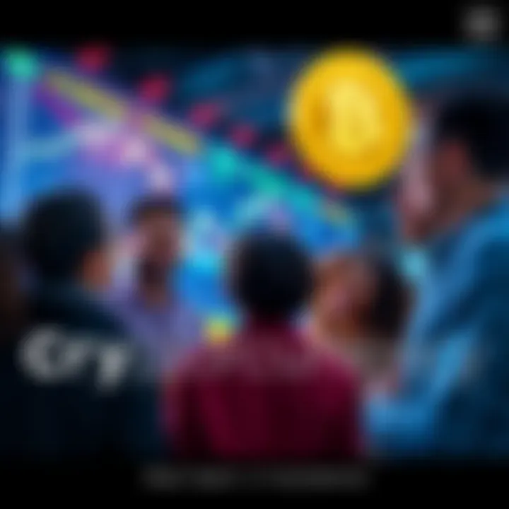 Trends in Cryptocurrency Investing A diverse group of people looking at cryptocurrency charts on a large screen, discussing investment strategies.