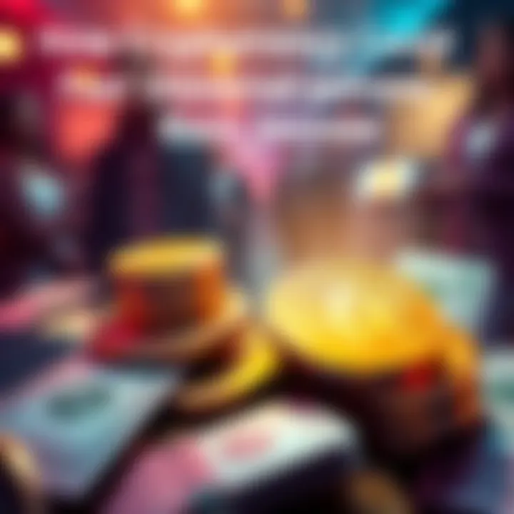 A digital illustration showing coins representing cryptocurrency with a background of people receiving cash, symbolizing Universal Basic Income support.