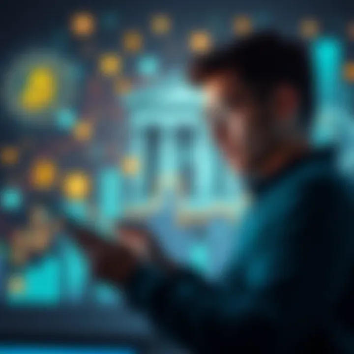 A person reviewing financial transactions on a digital device with a backdrop of cryptocurrency symbols and bank imagery