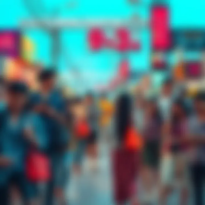 A vibrant scene showing diverse people engaging in activities influenced by 9-3 trends, with colorful clothing and modern gadgets.