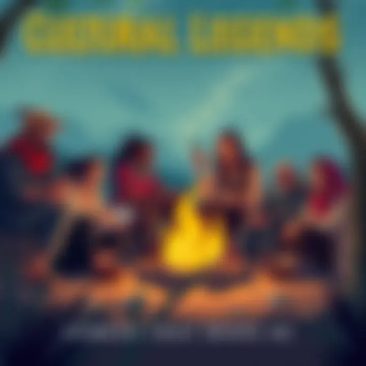 Cultural Legends An illustration showing diverse people sharing stories around a campfire, symbolizing the connection of cultures through legends.