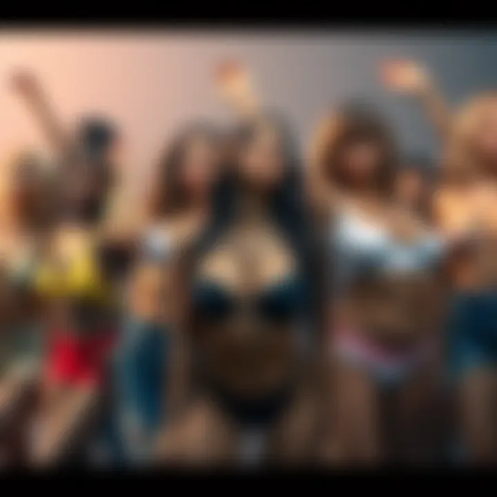 A diverse group of people in artistic poses, celebrating different body types and fashion styles, highlighting the cultural significance of breasts in society.