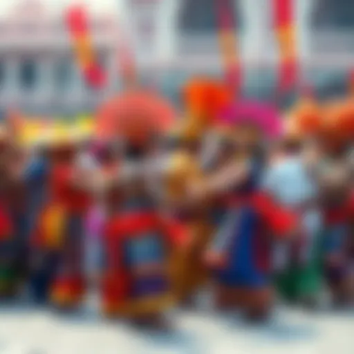 A group of people celebrating a traditional festival, dressed in vibrant costumes and dancing together, showcasing cultural unity.