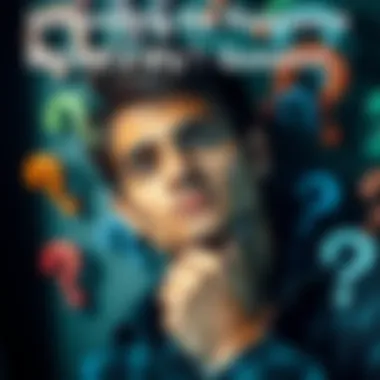 A person with a questioning expression, pondering and looking thoughtful while surrounded by question marks.