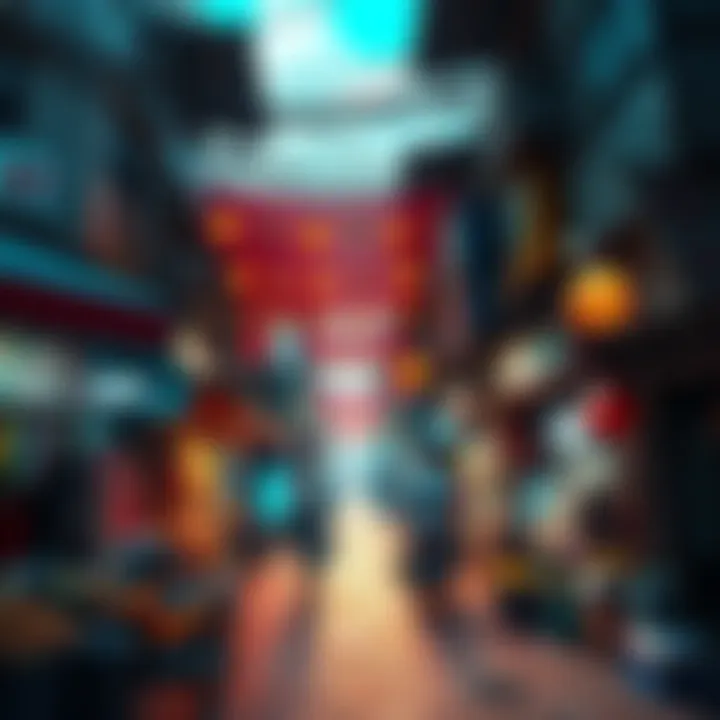 A vibrant street market depicting varying currencies and economic activity.