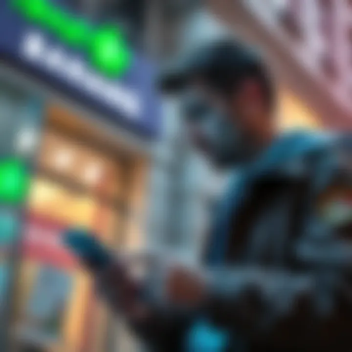 American expat examining currency exchange options on a phone with a bank in the background