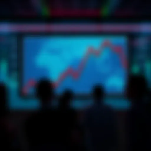 A graph showing a steep decline in currency value over two weeks, with concerned people looking at the screen.