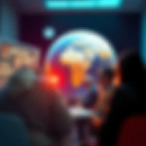 Group of people discussing current events with a globe in the background