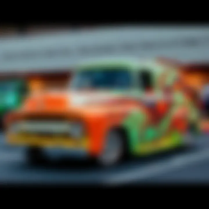 A beautifully customized 1956 Ford panel truck with a powerful engine and unique artistic designs, perfect for tailgating.