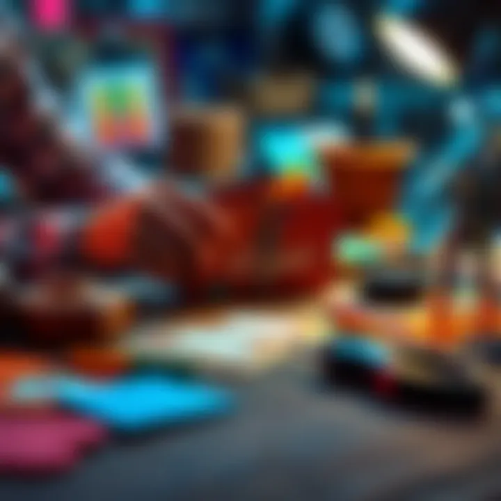 Person crafting a unique custom card with colorful materials and tools on a table