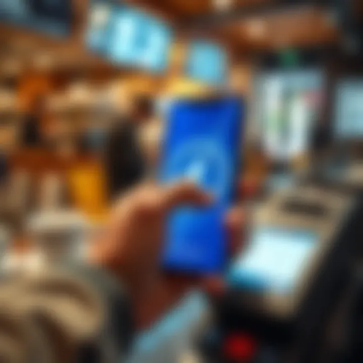 A customer holds a smartphone near a payment terminal at a coffee shop, with a Lightning Network symbol displayed on the phone screen.