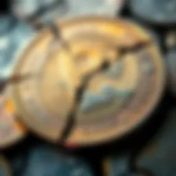 Cut Coin for Sale A close-up of a valuable coin that has been cut into pieces, with a focus on the shiny edges and details of the coin.