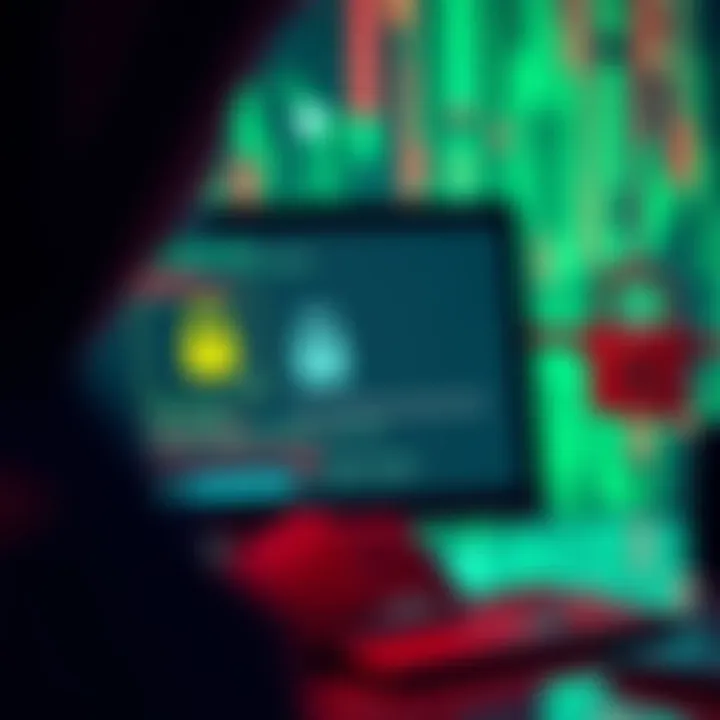 A depiction of a hacker stealing passwords and crypto wallet data, showing a computer screen with security warnings, and digital locks.