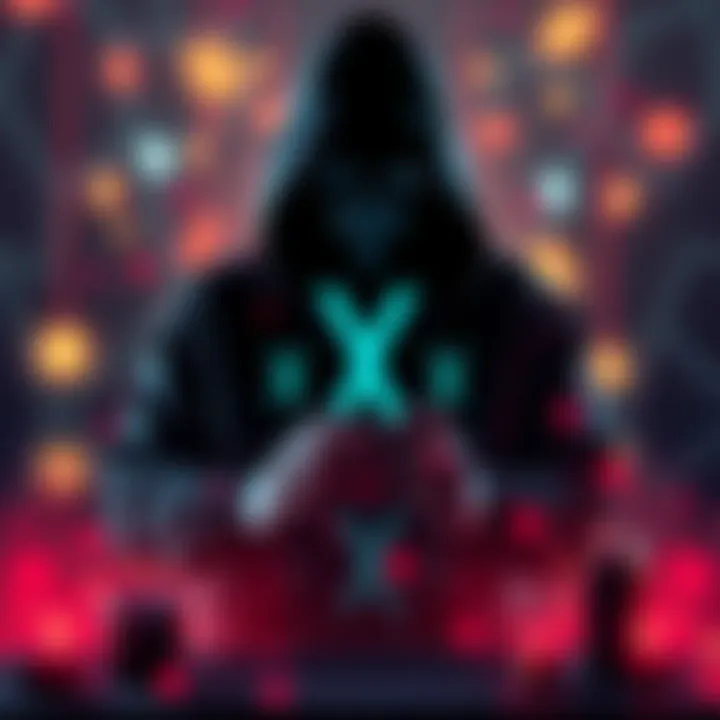 Visual representation of cybersecurity threats in cryptocurrency, featuring a silhouette of a hacker against a backdrop of digital currency symbols and a distressed user