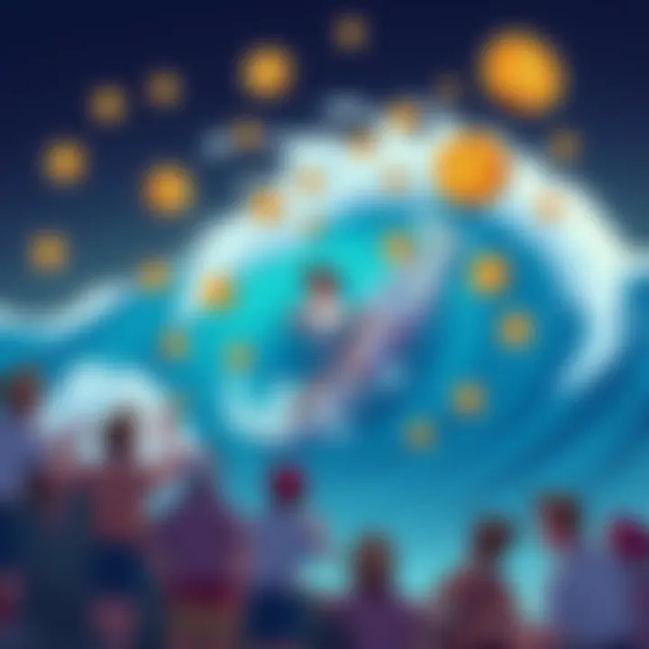 A cartoonish depiction of a surfer crashing on a wave, surrounded by meme coin symbols and logos, with excited onlookers watching