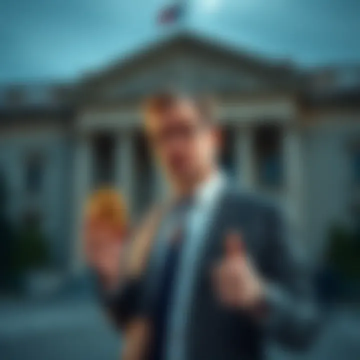 A Czech banker standing in front of a central bank building, expressing support for Bitcoin adoption, while looking concerned and facing resistance from colleagues.