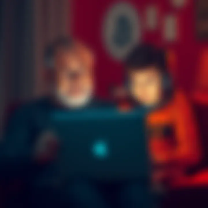 Dad Asking About Bitcoin A father and child sitting together with a laptop, discussing Bitcoin with confused expressions, showcasing a generational divide