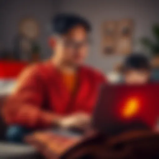 A married father of two looks at a laptop with Bitcoin symbols, pondering selling his cryptocurrency for a home down payment, surrounded by family photos.