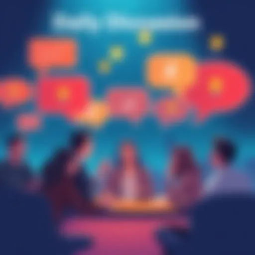 Illustration representing a group of people discussing trading ideas and strategies with speech bubbles and lightbulbs