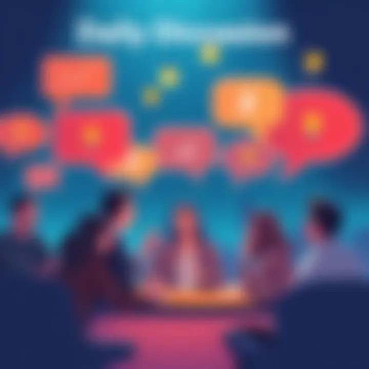 Illustration representing a group of people discussing trading ideas and strategies with speech bubbles and lightbulbs