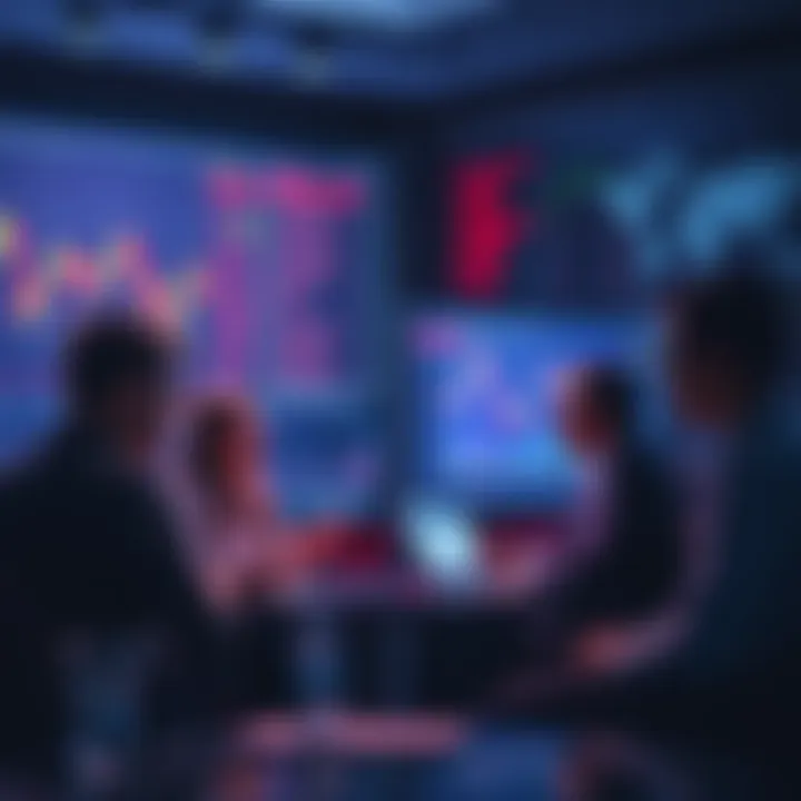 A group of people engaged in discussions about trading strategies and technical analysis, with charts and graphs in the background.