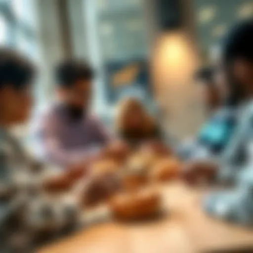 Participants engaging in discussion with donuts on a table