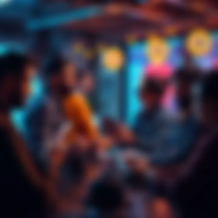 A group of people engaging in a lively discussion about Bitcoin with laptops and phones in hand.