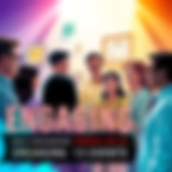 A vibrant collage illustrating a lively discussion among diverse individuals sharing ideas