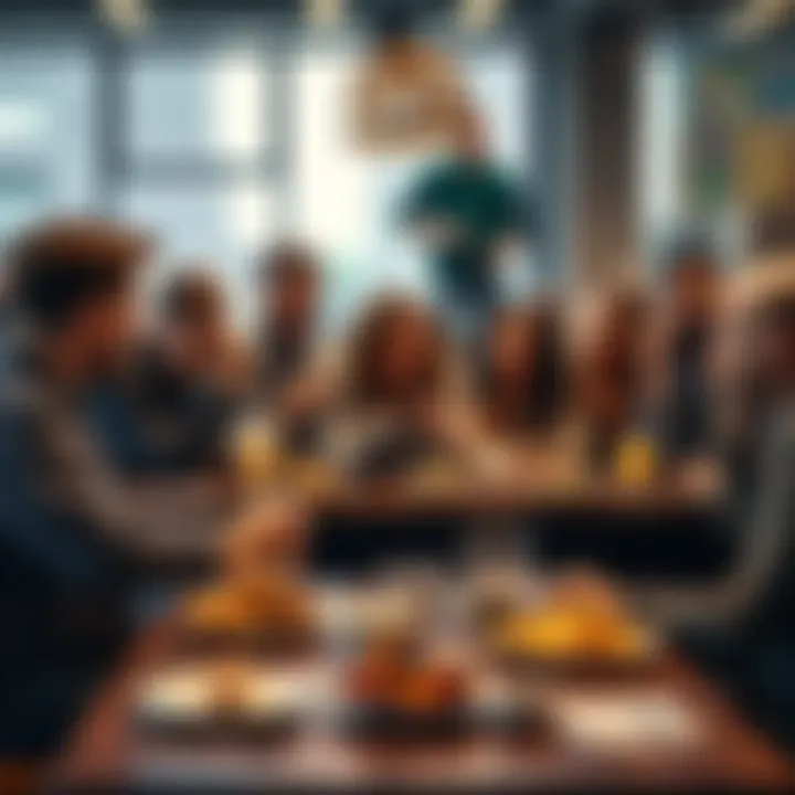 A group of diverse people engaging in conversation with snacks and drinks on a table.