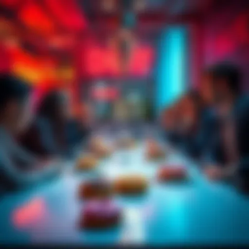 A group of people engaging in a lively discussion with donuts on the table