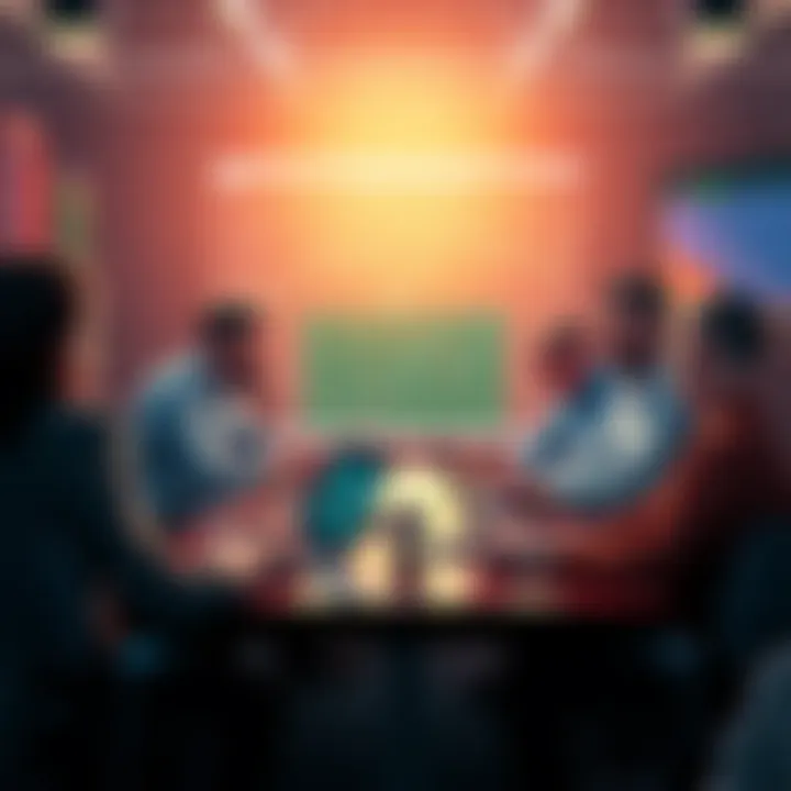 A group of people discussing trading strategies and events for February 24, 2026, with charts and laptops on a table.