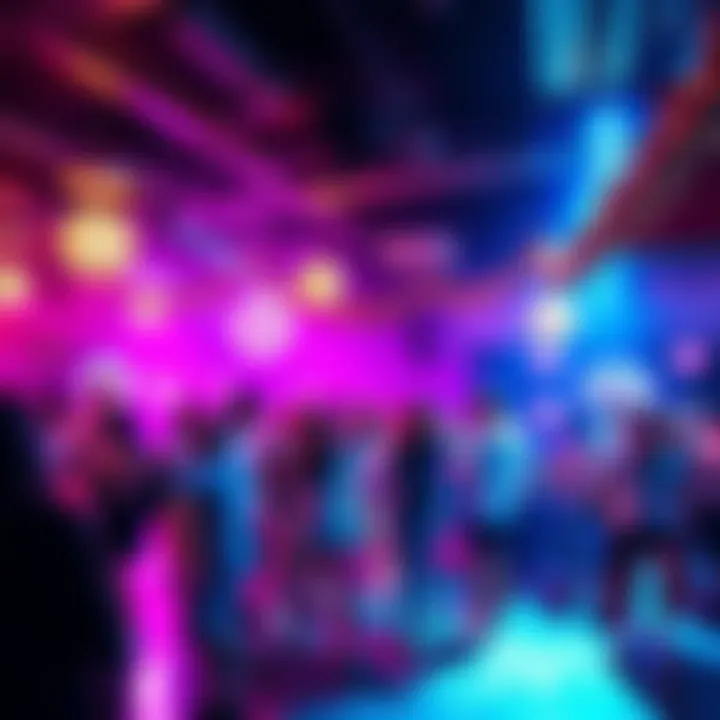 A lively dance party scene with people dancing joyfully, colorful lights, and decorations, showcasing items priced at 10 cents