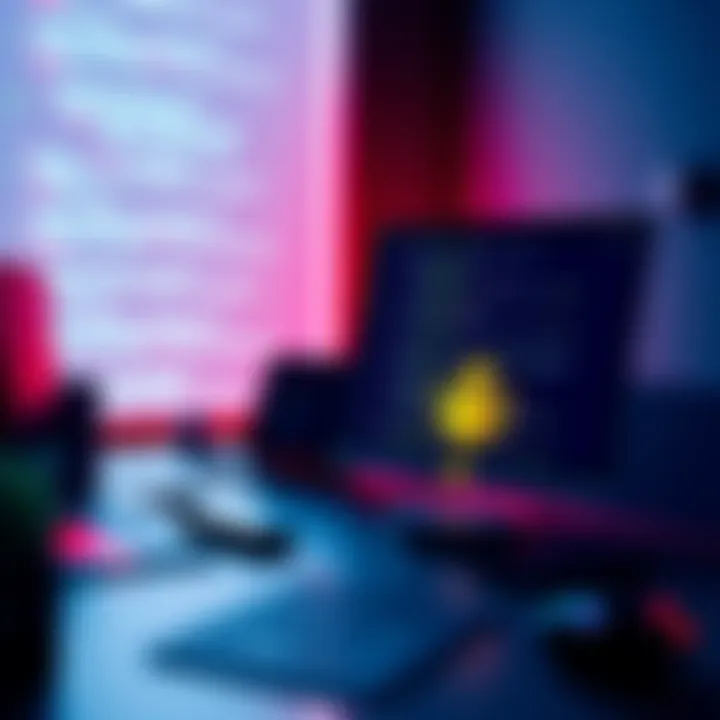 Illustration showing a digital workspace with code snippets from GCScript DSL and a representation of Universal Dapp Connector, highlighting the development of intent-based DApps in the Cardano commun...